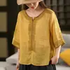 Camisa retro bordada étnica estilo japonés para mujer, camiseta fina de verano adelgazante de manga de cinco cuartos