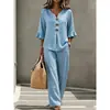 Nuevo conjunto de dos piezas para mujer de comercio exterior transfronterizo, estilo europeo y americano casual, con volantes, manga tres cuartos, botones y cuello en V, top y pantalones largos