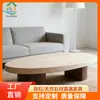 Mesa de Centro Pequeña Lujo Ligero Gama Alta Travertino Ovalada Baja Mesa de Centro Base de Madera Mesa de Sala de Estar Lujo Ligero Muebles Grandes de Piedra Plana
