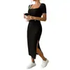 Moda Femenina Transfronteriza Nueva de Verano Vestido Cuadrado Sexy Delgado con Abertura que se Ajusta a la Cadera para Mujer Comercio Exterior Europeo y Americano Suave y Sedoso