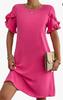 Vestido de verão feminino 2024, manga curta, linha A, mini, casual, gola redonda, reto, praia, férias, vestido com bolso