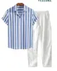 Camisa de Manga Curta com Gola e Calça Longa de Listras Respiráveis Casuais da Moda, Estilo Casual Simples, Impressão 3D, Tendência Europeia e Americana, Nova para o Verão