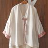 Camisa Guofeng de Ácido Acético com Caimento Solto Vestido Feminino com Botão Oblíquo e Mangas Raglan Tamanho Grande Top Jacquard com Mangas de Sete Pontos