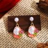 Pendientes elegantes de estilo francés retro, ligeros y lujosos con diseño de Monet Garden, con colgante de flor de perla barroca y esmalte.