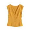 Traje de dos piezas de verano 2025 para mujer, nuevo, cuello en V, sin mangas, top tipo chaleco, tela de doble cara, pantalones acampanados de cintura alta