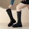 Versión de piel~Nuevas botas de mujer de suela gruesa hasta la rodilla, diseño de pierna ancha para mujeres de talla grande, botas de montar de tubo largo con letras, botas Martin que aumentan la altura