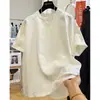 Camiseta Feminina de Verão Jacquard Bordado Único Gola Redonda Manga Curta Elegante Camisa Pequena Top Super Bonito Fina