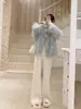 Pantalones de Punto de Pierna Ancha Rectos Color Avena de Cintura Alta para Mujer Otoño e Invierno Pantalones Casuales Suaves y Cerosos Estilo Holgado Perezoso Pantalones Dopping