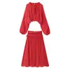 Estilo europeu e americano de outono, bainha franzida, conjunto de top e saia oversized, rosa