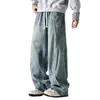 Calça jeans masculina 2026 novo estilo primavera e outono, patchwork personalizado, calças plissadas de perna reta e perna curva, calças largas com lavagem retro desgastada