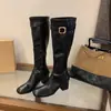 Versión de Alta Gama de Guangzhou ~ Mismo Estilo que Zhang Yuanying Botas Largas de Tacón Grueso Hasta la Rodilla para Mujer con Hebilla de Cinturón, Botas de Montar de Caña Alta, Botas Elásticas