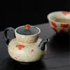 Bule de Chá Doméstico Cerâmico Estilo Antigo Pintado à Mão com Esmalte Caramelo, Design Azul Índigo e Ameixa Vermelha, Apresentando um Filtro com Furo de Bola para Chá Kung Fu