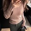 Camisa Básica de Malha Elegante com Gola Redonda e Corte Slim para Mulheres, Novo Estilo Primavera e Outono 2025, Elegante Top Simples de Manga Longa que Marca a Cintura
