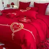 Juego de Cama de Boda de Cuatro Piezas, Algodón Puro de Boda, Sábana de Cama Rojo Brillante para Recién Casados, Funda de Edredón, Ropa de Cama de Boda