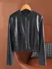 Chaqueta de Cuero Corta Estilo Coreano Completamente Curtida al Vegetal para Mujeres Petites, Chaqueta de Cuero de Primavera con Cuello Alto, Chaqueta Biker Casual