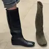 Botas de Cavaleiro Femininas, Estilo Minimalista Francês, Bico Redondo Preto, de Calçar, Acima do Joelho, Botas Longas que Aumentam a Altura