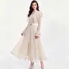 Vestido de encaje estilo francés suave con manga acampanada, cuello alto, de un solo botón, con volantes, ajustado, falda de dobladillo amplio con cinturón