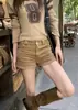 Shorts Casuales Retro Color Caqui para Mujer, Pantalones Rectos de Pana para Principios de Primavera, Pantalones Cortos Versátiles de Cintura Alta, Ajustados a la Cadera, Línea A