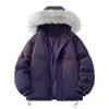 Jaqueta de algodão com capuz e gola grande de pelo para o inverno para casais, jaqueta puffer de corte solto com barra ajustável por cordão, jaqueta de algodão à prova de frio masculina