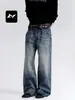 Jeans azules de pierna recta estilo americano Fengmei, unisex, lavados y desgastados, vintage, con efecto ojo de gato tridimensional, corte holgado, pierna ancha, pantalones casuales