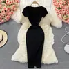 Vestido de Tricô Justo Slim Gola Quadrada Manga Curta Verão 2024 Novo Elegante Sexy Spice Girl Quadril Saia Longa