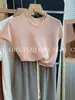 Blusa de Tricô de Seda Gelada Azul com Gola Redonda, Manga Curta e Ombro Regular para Mulheres, Estilo Fino de Verão, Mangas Pequenas Leves, Camada Interna, Camiseta Básica