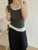 Camiseta sin mangas tipo Henley de algodón acanalado para mujer, con botones, efecto dos piezas, bloques de color, corte ajustado, cuello redondo, versátil
