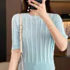 Nueva ropa de mujer de verano, top de punto acanalado de algodón puro con cuello redondo estilo coreano, camiseta elegante y versátil