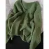 Suéter de Cachemira Verde Suave y Ceroso con Cuello en V para Mujer en Otoño e Invierno, Holgado y Relajado, Se Puede Usar por Fuera y Como Jersey de Punto por Dentro