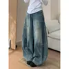 Calça Jeans Wide Leg Azul Vintage Rasgada de Cintura Alta para Mulheres Altas, Verão, Caimento Solto, Emagrecedora, Comprimento no Chão, com Barra Curva