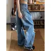 Jeans destroyed com vibe de street style americano para mulheres, tamanho plus size vintage, caimento solto, calças retas largas lavadas, calças compridas até o chão