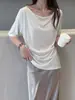 Camiseta de Acetato Satinado para Mujer, Nuevo Estilo de Verano, Cuello Suelto Suave, Manga Media, Top Casual Fresco y Refrescante, Top de Triacetato