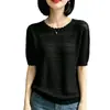 Verano Nuevo Mujer Seda de Hielo Cuello Redondo Encaje Hueco Manga Corta Camiseta Casual Versátil Moda Temperamento Superior Tejido de Punto