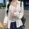 6001 Camisa Blanca de Bolsillo Estilo Old Money Casual Coreana para Mujer, Chaqueta Cardigan Delgada de Verano, Camisa Holgada de Manga Larga