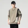Sudadera bicolor para hombre primavera/otoño 2026 forrada de polar cuello redondo corte holgado versátil ropa de invierno marca de moda camiseta base top venta al por mayor