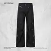 Jeans para hombre con remache turquesa, oreja roja, ribete rojo, corte holgado, estilo callejero vintage, pantalones de pierna recta de mezclilla cruda