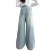 Calça Jeans Feminina Primavera e Outono 2026 Nova Casual Estilo Coreano Crianças Médias e Grandes Logo de Flor Rosa Calça Wide Leg Transfronteiriça