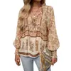 2025 Primavera y Verano Nuevos Tops y Camisas Estilo Bohemio de Resort Estampados con Cuello en V y Cordones de Manga Larga para Mujer
