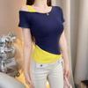 Camiseta Irregular de Manga Corta con Hombro Descubierto de Dos Piezas Falsas para Mujer en Verano Puro Lujuria Sexy Hombro Descubierto Top Chic Tendencia Única y Hermosa