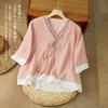 Blusas de Algodão e Linho Bordadas Étnicas de Verão, Camisas de Botão Largas com Fechamento Oblíquo, Roupas Zen Chinesas Estilo Dinastia Han Melhoradas Retro