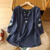 Tops de estilo nacional algodón y lino camisas bordadas para mujer verano bordado pesado delgadas cuello redondo mangas farol transpirables mangas cinco puntos
