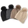 Chapéu de Cashmere para Mulheres 100% Cashmere Puro Novo Estilo da Moda com PomPom e Ponto Trançado Versátil Cor Sólida Chapéu de Tricô Quente