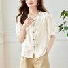 Camisa de Algodón Estilo Capullo de Manga Corta con Botones de Jade y Bordados para Mujer, Estilo Delgado Verano 2026, Elegante y Única para Figuras Pequeñas