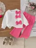Comercio Exterior Transfronterizo Ropa Infantil para Niñas Primavera y Otoño Sudadera con Capucha de Manga Larga y Lazo Color Sólido Pantalones de Micro Campana Lindos Dulces Fuente de Fábrica