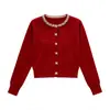 Elegante cardigã de tricô vermelho cravejado de diamantes para mulheres, novo estilo outono 2026, suéter inspirado em Chanel, top chique e estiloso