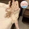 Vestido Midi de Algodón Nube Nuevo de Verano con Cinturón Desmontable, Decoración de Nudo de Mariposa Acolchado, Ropa para el Hogar, Ropa Exterior, Vestido Pijama