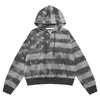 Cárdigan con Capucha a Rayas de Cinco Puntas Vintage de Nicho Transfronterizo en Bloques de Color Gris y Negro Sudadera con Cremallera Tie-Dye Retro de Moda
