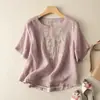 Blusa de Algodão e Linho com Bordado Pesado Camiseta Solta de Manga Curta Estilo Literário Retrô Nova Cor Damasco Bordado Pesado de Flor