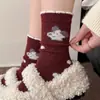Meias de Lã para Mulheres, Meias de Cano Médio com Desenhos de Animais, Meias Folgadas Doces e Fofas, Espessadas para o Inverno, Meias Quentes Cor Vinho