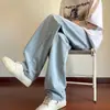 Calça fina masculina de verão azul claro, solta, perna reta, calça de perna larga Tencel moderna estilo americano